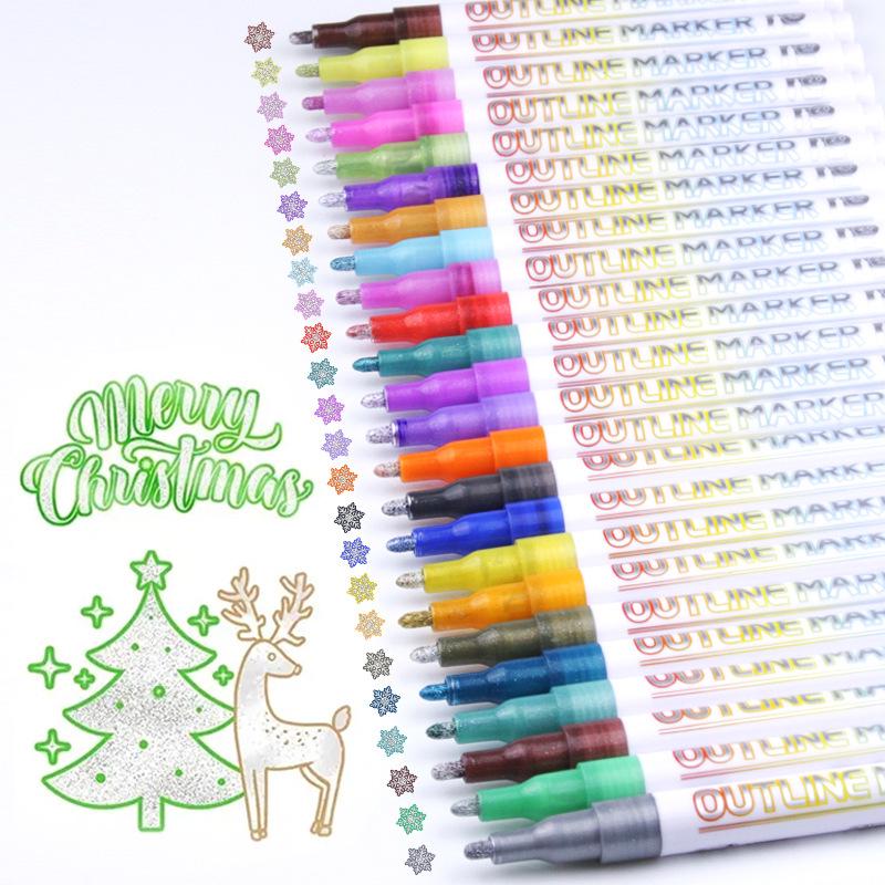 Dreamy Metallic Double Line Outline Gel Pens - 24 Colors for DIY Journals & Christmas Greeting Cards