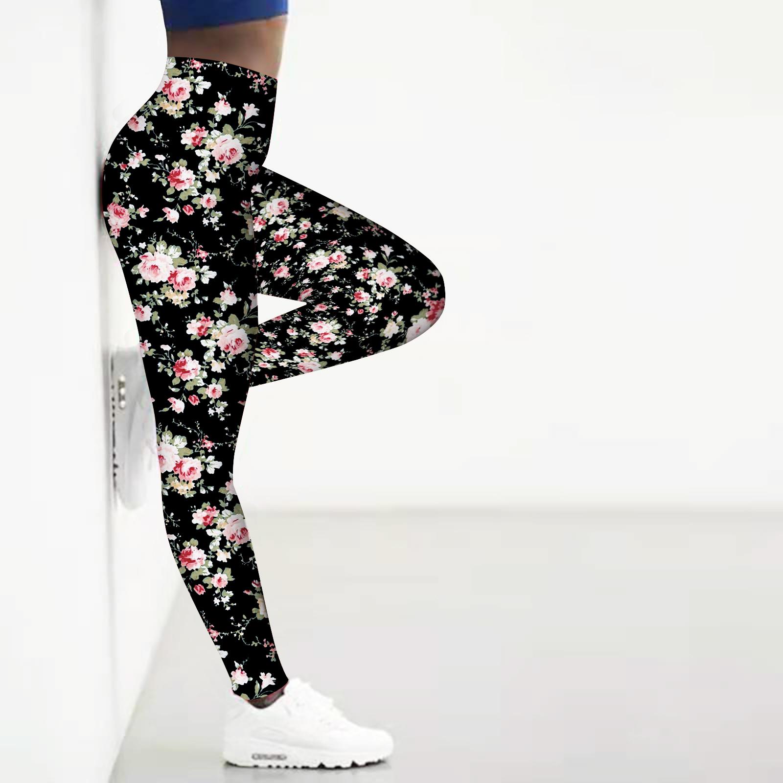 Leggings de yoga elásticos con estampado de flores rosas para mujer, pantalones deportivos para correr, gimnasio y fitness L color rosa