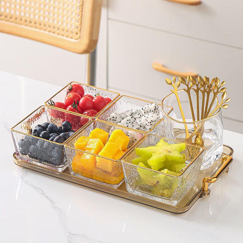 Light Luxury Glass Snack and Fruit Platter Set 5 Hammered Gold-Rimmed Dishes + Fork Jar