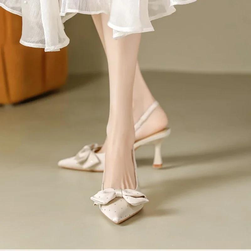 Bow Patent Leather Slingbacks Heels  New Temperament Women Stilettos Shoes Elegant Pointed Toe Loop Strap Pumps For Woman