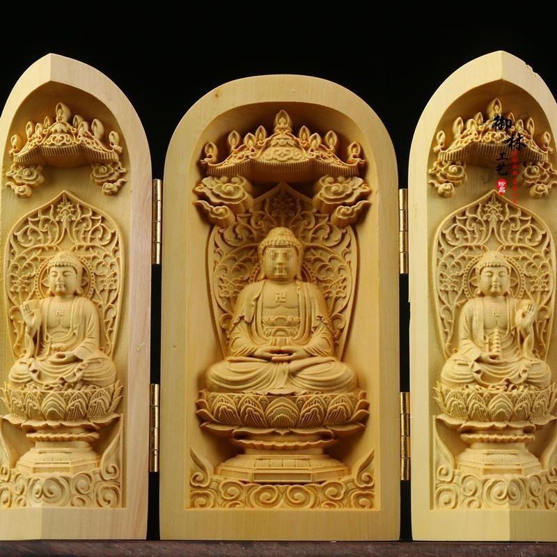 Boxwood Western Tři svatí Buddha Guanyin Masivní dřevo Přenosná třípanelová řezbovaná ozdoba
