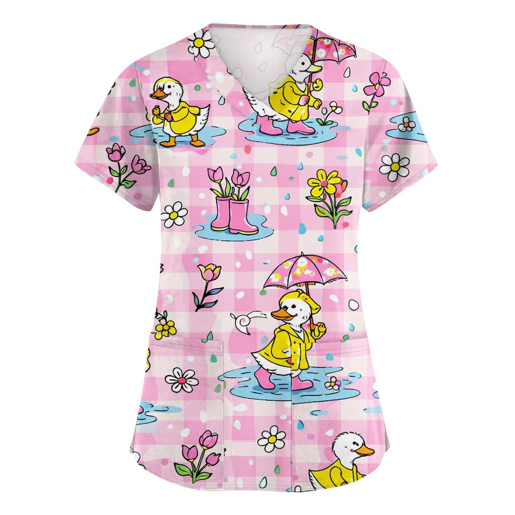 Women's Casual Short-Sleeve Cute Animal Print V-Neck Pocket Workwear Top