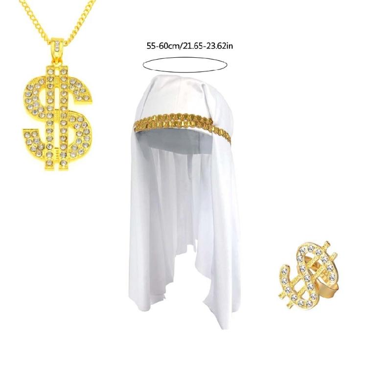 4Pcs Arab Head Scarf Sunglass Dollar Neckalce Dollar Rings Set Arabian Costume Accessories for Halloween Carnival Party