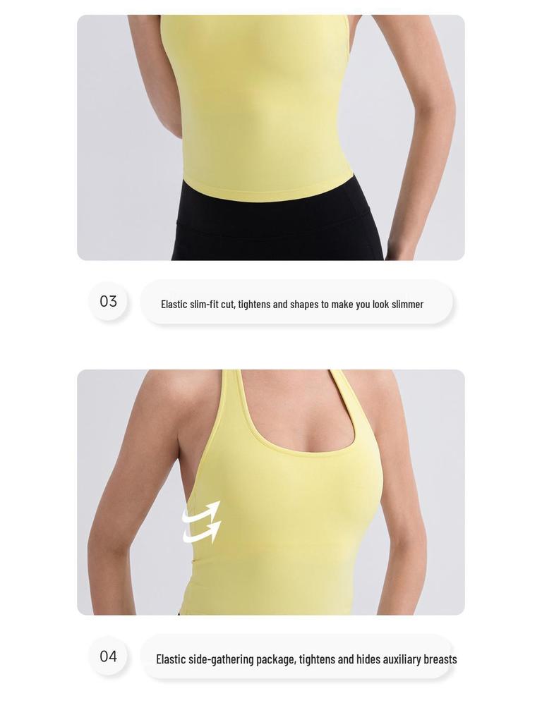 Damski Top Sportowy do Jogi z Dekoltem na Szyi i Wkładkami - Nude, Seksowny Tył Styl 52167