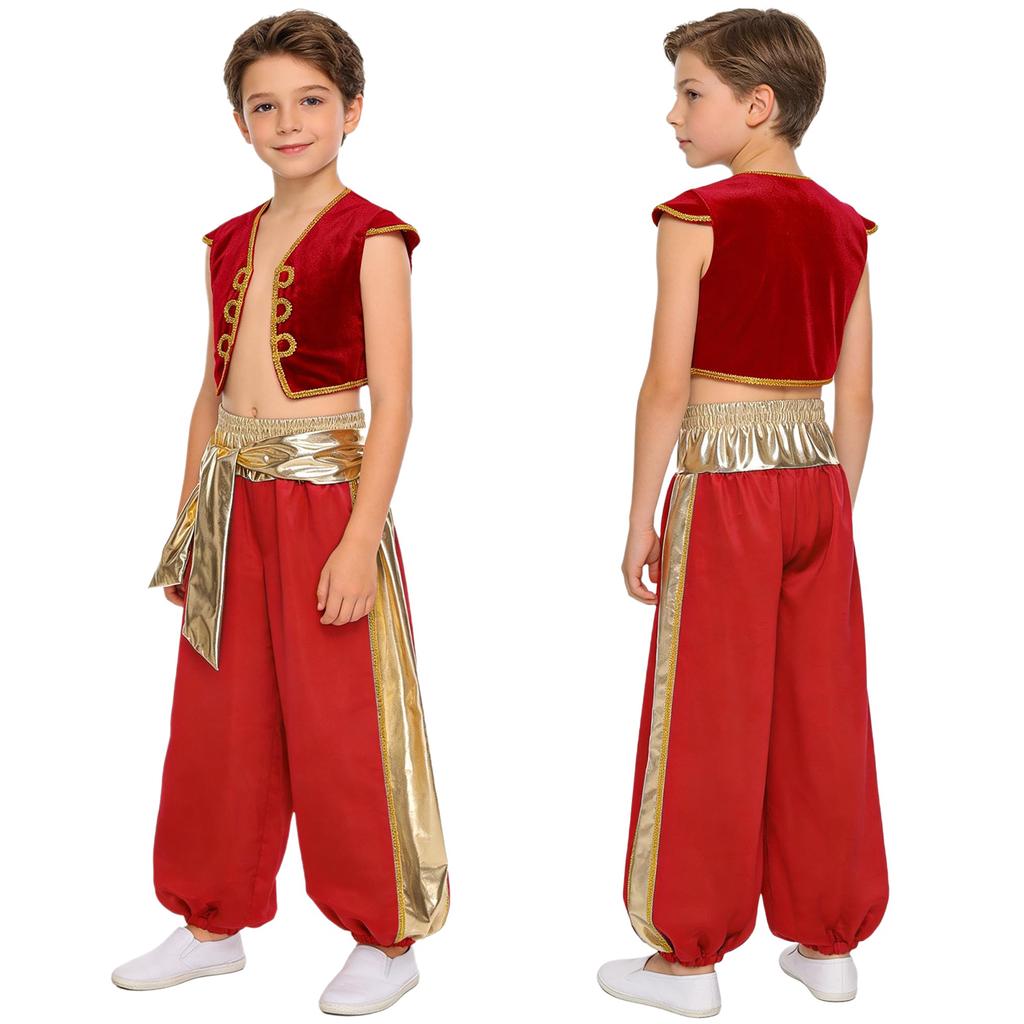 Set Costume da Principe Arabo per Ragazzo Manica a Cappuccio Gilet Intrecciato Patchwork Metallico Lucido Pantaloni a Palloncino Color Contrasto