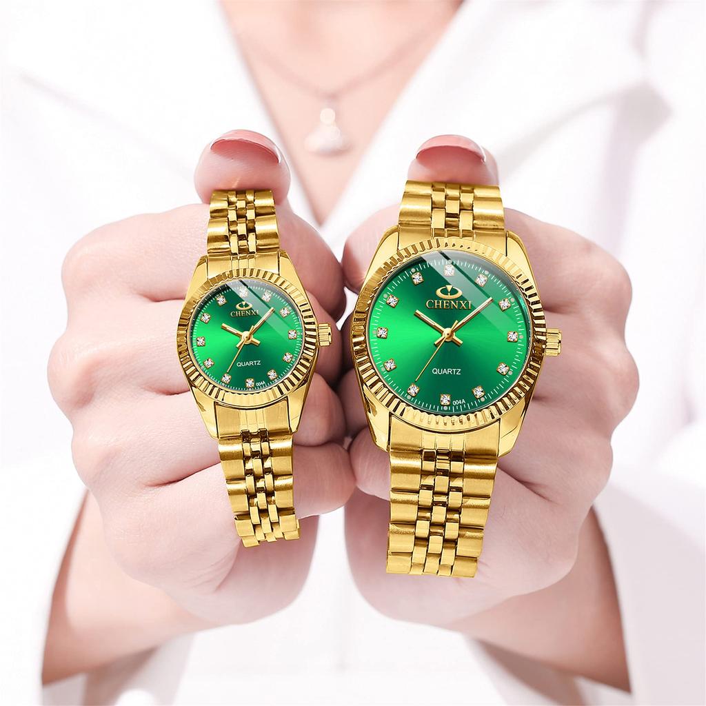 JEWELRYWE Quartz Analog Wristwatch with Luminous Casual Stainless Romantic Gift for Green Couple's Watch, Ultra-Thin Hands, Steel, Men's, Couples,