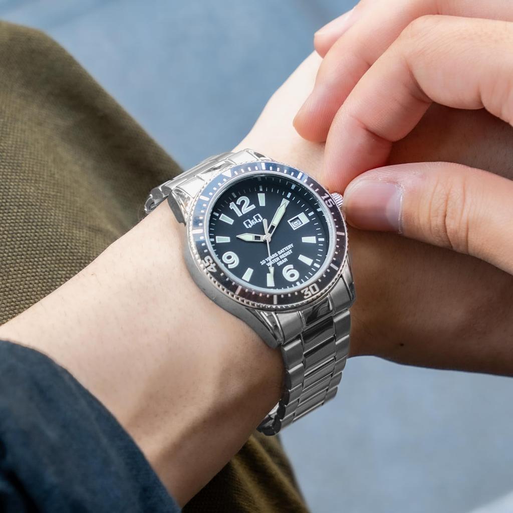 Citizen Analog Battery Date Metal Black Q&Q Men's Watch, 10-Year Life, Waterproof, Display, Band, A24A-001PK,