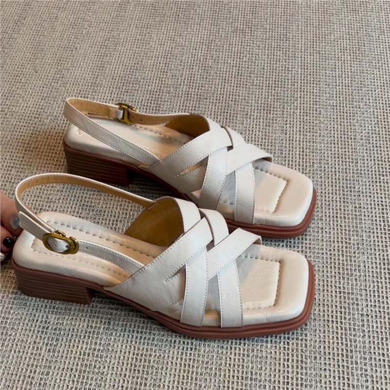 

Leather square head cross strap Roman shoes women s summer wear literary and retro woven thick heel sandals 40