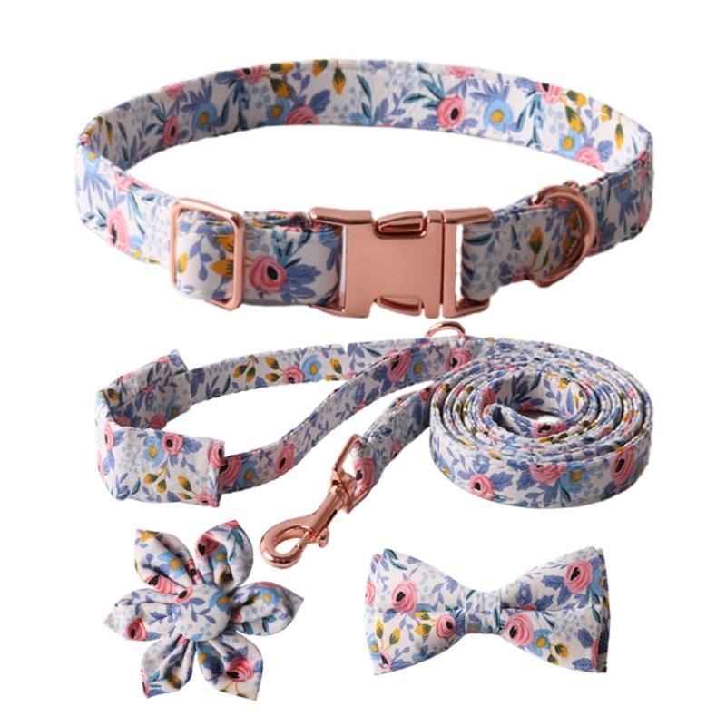 Fashion Dog Collar+Leash+Necktie Set Completes with Colorful Floral Print Bow Perfect for Pets Outstanding in the Crowd