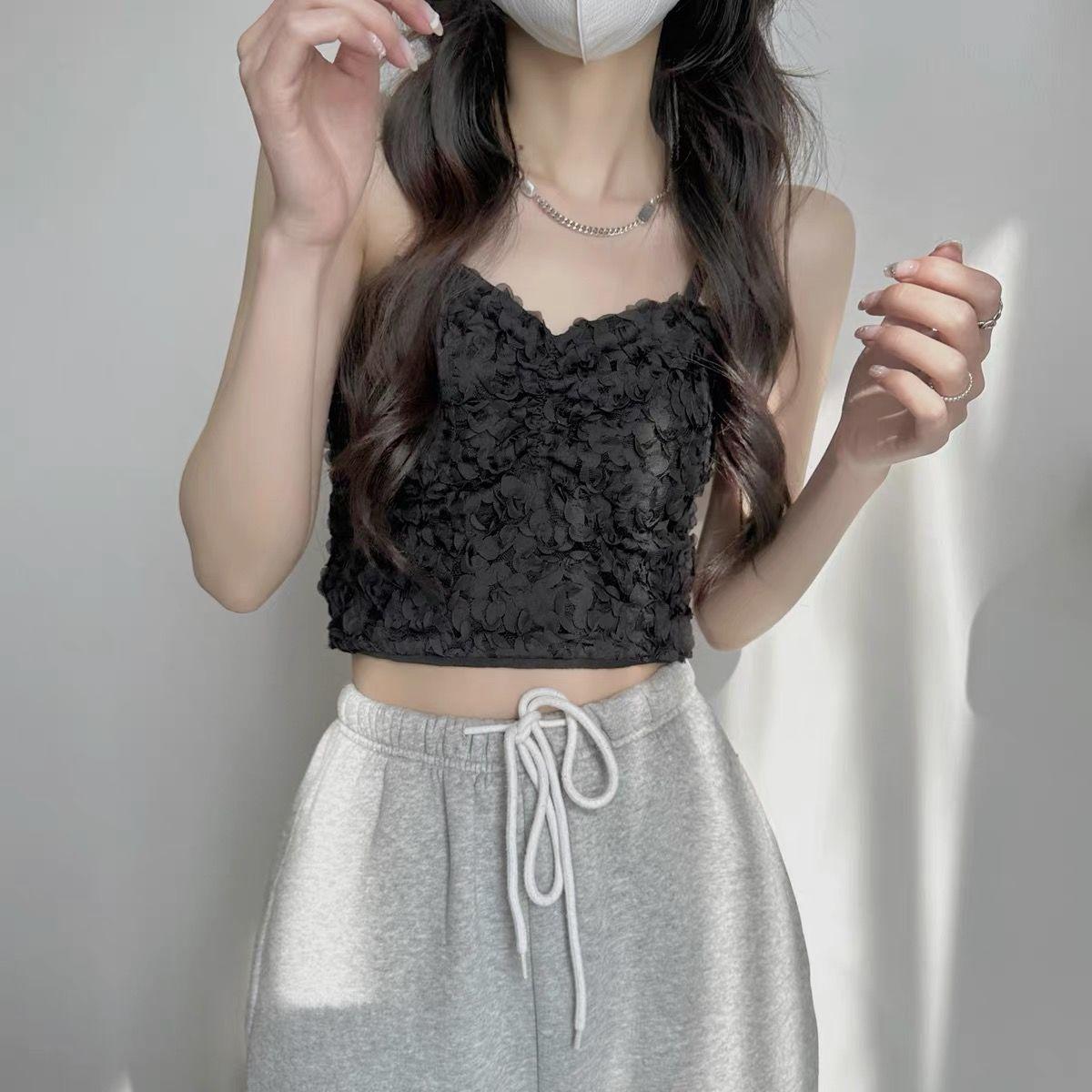 

Французский черный кружевной топ-лепесток с подушкой на груди, женский летний сексуальный короткий стиль для девушек, надевается снаружи и внутри. one size чёрный