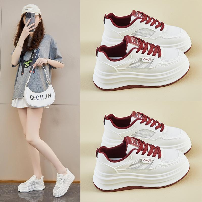 New Summer White Shoes for Female Students' Thick Sole Elevated Mesh Breathable Casual Shoes