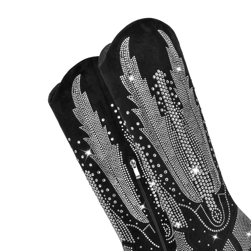 Fashion Handmade Hot Rhinestone Retro Western Cowboy Boots European American Women Performance Runway Fashion Thick Heel Knee High Boots