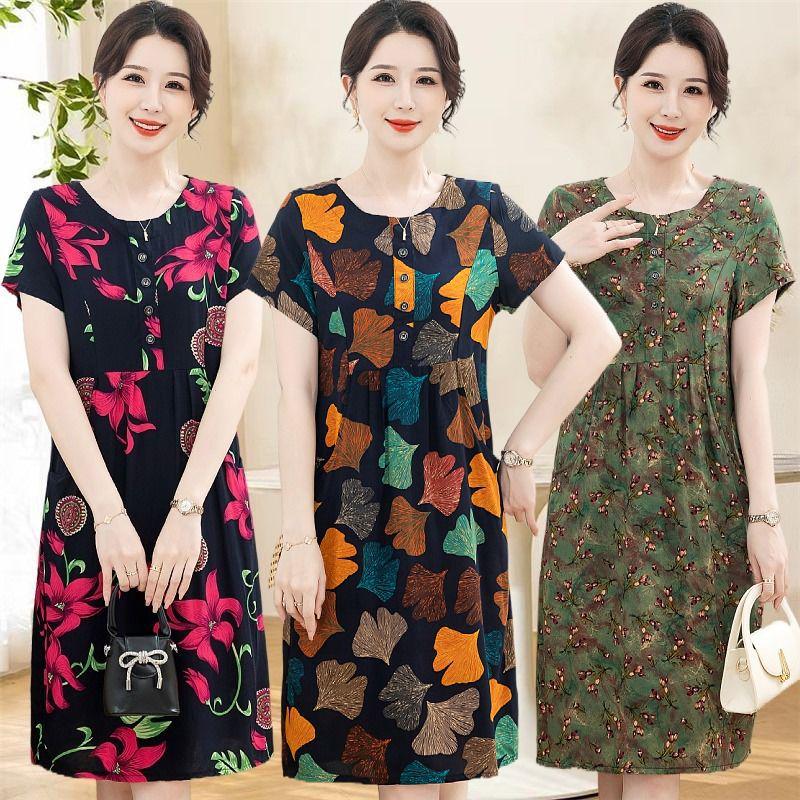 New Arrival Summer Cotton-Silk Knee-Length Loose Plus Size Short-Sleeved Dress for Mom