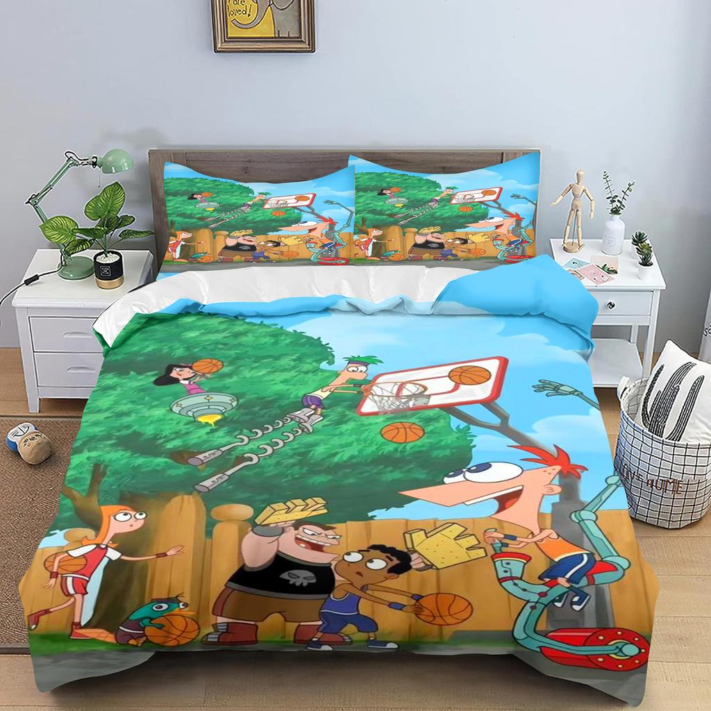 Phineas and Ferb Quilt Cover Cartoon Printed Polyester Duvet for Children Bedroom Anime Cozy Room Bedding Various Sizes