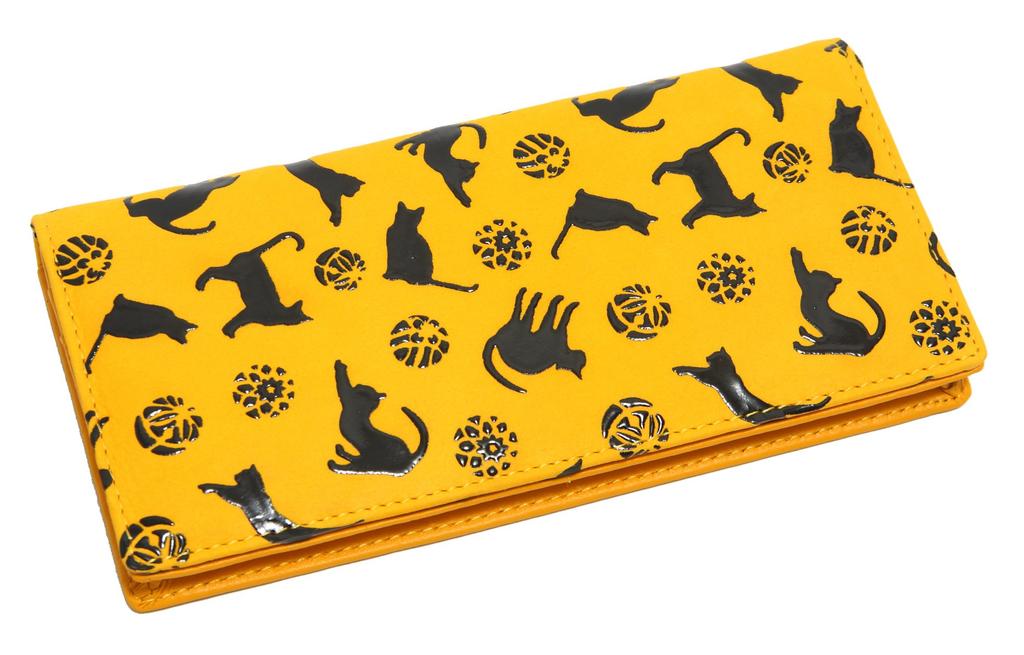 Hasegawa Deerskin Inden Long Wallet with Bill Compartment, Unisex (Yellow Cat Design)
