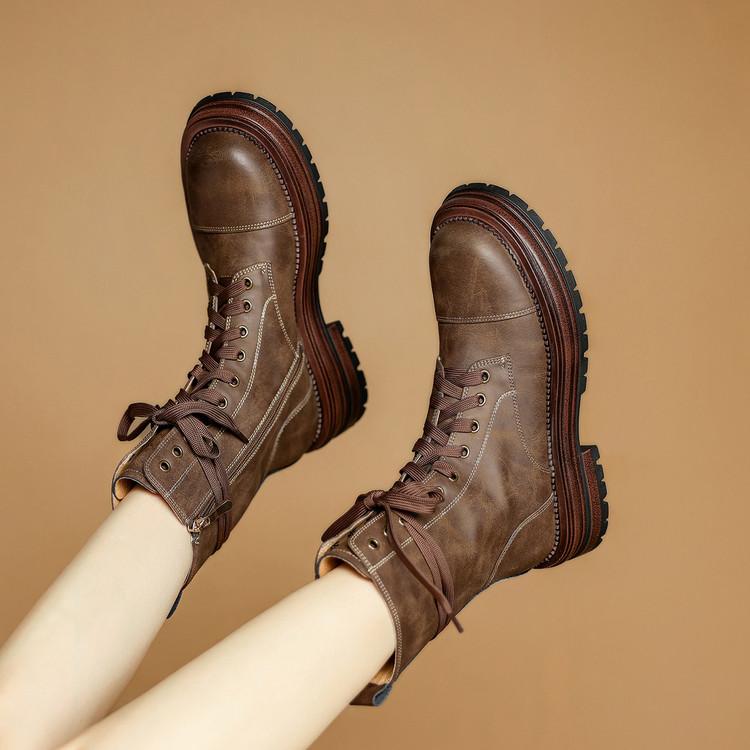 Fashion New Autumn/winter Split Leather Women Boots Round Toe Shoes for Women Fashion Boots Mid Heels Lace Mid-calf Boots Platform Shoes