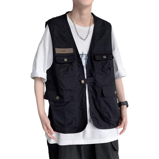 Unisex ležérní vesta bez rukávů s mnoha kapsami design vesta kabát zip knoflíky zapínání bunda cargo