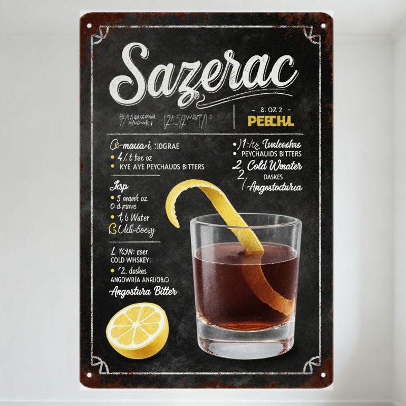 

Vintage Sazerac Cocktail Recipe Metal Tin Sign - Chalkboard Background, Ingredients List & Glass Art - Retro Barware Home Wall D 20x30cm（7.8x11.8inch）
