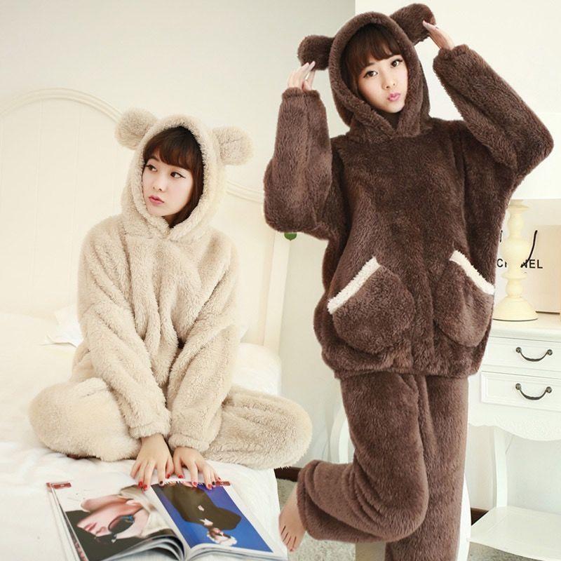 Winter Kawaiii Bear Women's Pajamas Set Pyjamas Sets Thick Sleepwear Flannel Coral Velvet Long Sleeve Loungewear