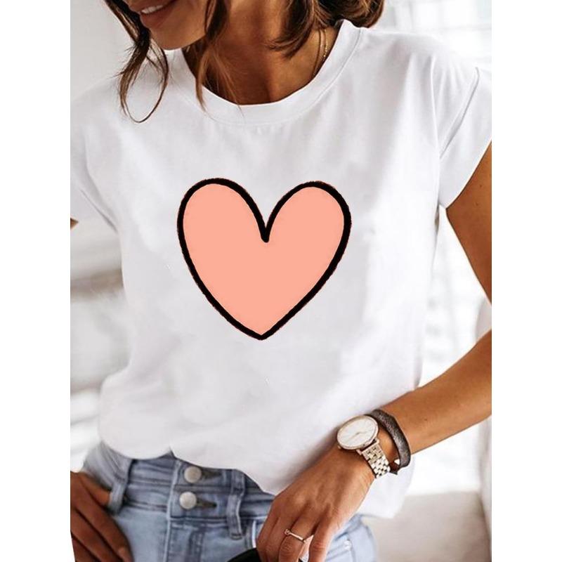 Sommer Rundhals Herzförmige Blume Liebe Aufdruck Top Modisches Lässiges Reines Baumwoll Kurzarm Damen T-Shirt