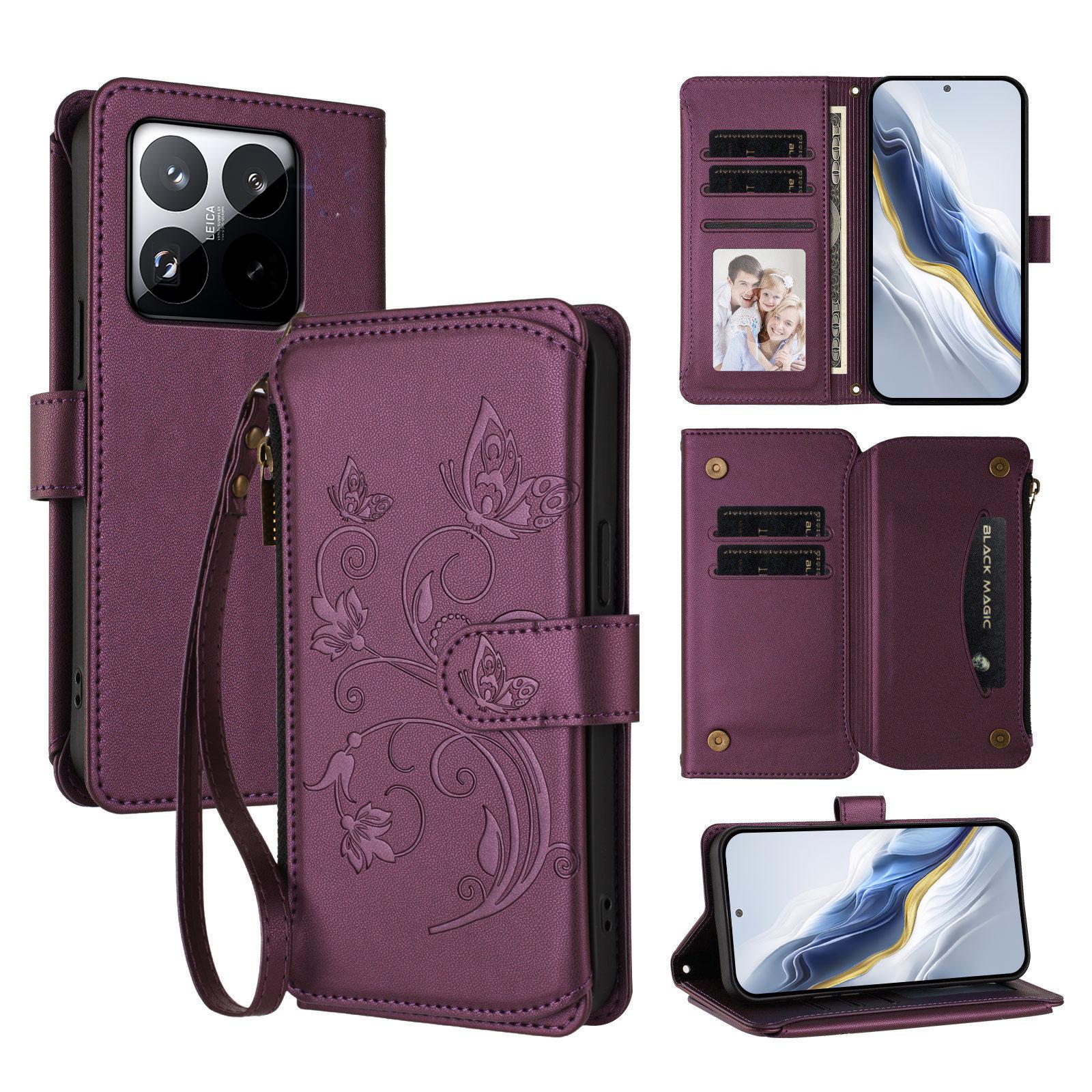 

For Xiaomi 15T Leather Case Butterfly Floral Imprint Zipper Wallet Stand Cover with Wrist Strap A
