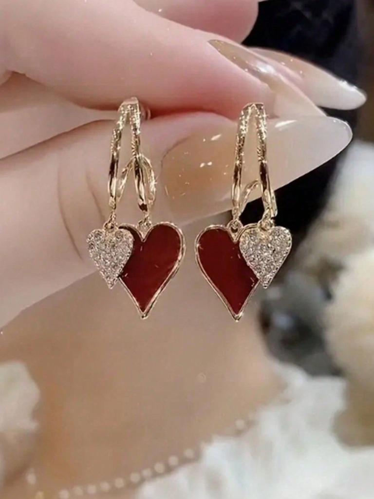 1 Pair Elegant Red Heart Pendant Earrings - Unique Minimalist Design For Women, Suitable As Valentine's Day Gift