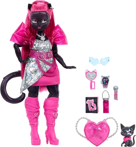 Monster High Catty Noir Doll with Pet Cat Charm and Accessories Including Backpack, Music Book, and Microphone
