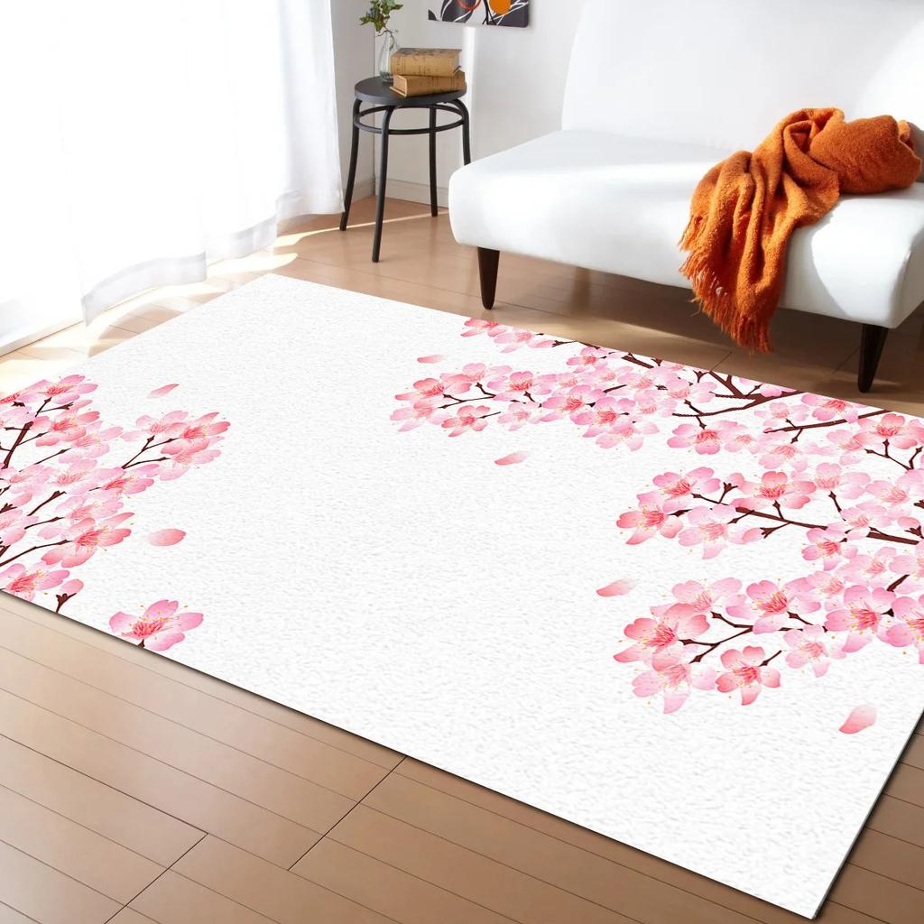 Pink Cherry Blossom Rug Romantic Floral Spring Carpet Non Slip Floor Mat for Girl's Bedroom, Bedside Living Room