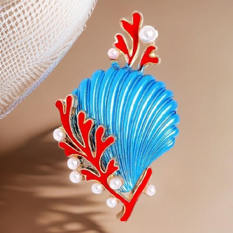 Vintage Style Shell Coral Brooch Pearls Accent Enamel Detailing Alloy Statement Jewelry Handmade Gift For Her