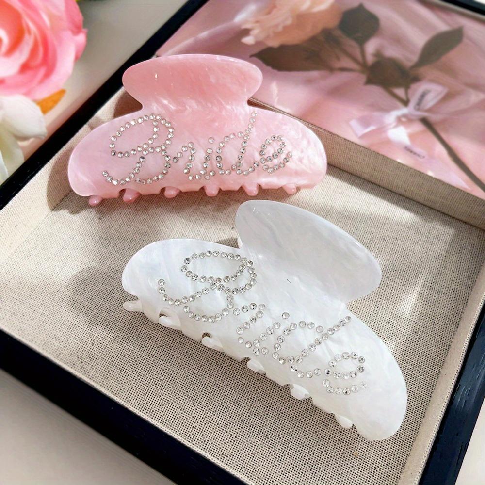 Elegant Shinning Rhinestone Bride Letter Big Acetate Hair Claw Clips for Women White Pink Hair Styling Accessories Wedding Gift
