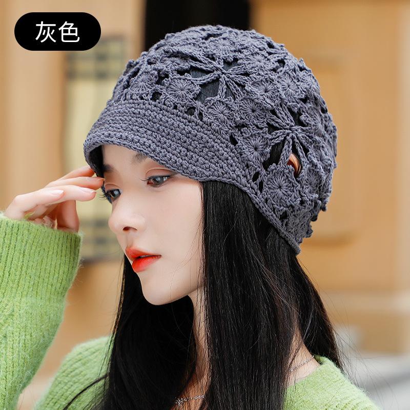 Баотоу шляпа женская сезонная шляпа ручной вязки крючком ажурная вязаная шерстяная шляпа с козырьком-уточкой короткий козырек открывающий лицо маленькая шляпа-пуловер One size fits all (56-58cm)
