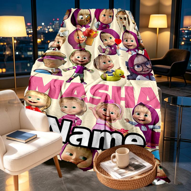 Custom Name Personalized Masha and The Bear Print Blankets, Home Decor, Bedroom, Sofa, Camping, Couch, Gifts for Birthday Christmas