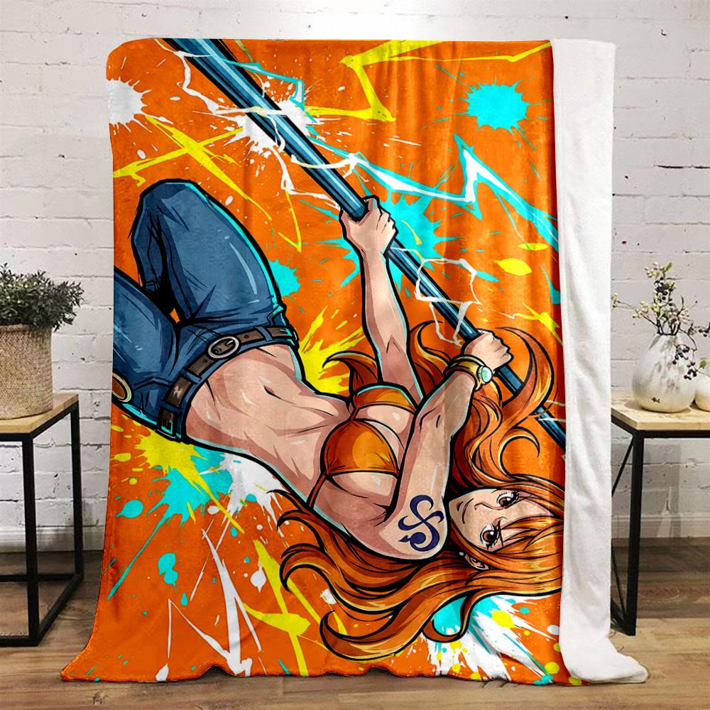 Dynamic figure with vibrant orange and blue splashes and lightning bolts. for all seasons blanket lunch break throw gift