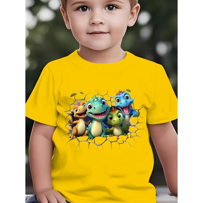 Boys 4 Little Dinosaurs Breaking Wall Cartoon Print Crewneck Short Sleeve Tee, Stylish Summer Casual Outdoor Top