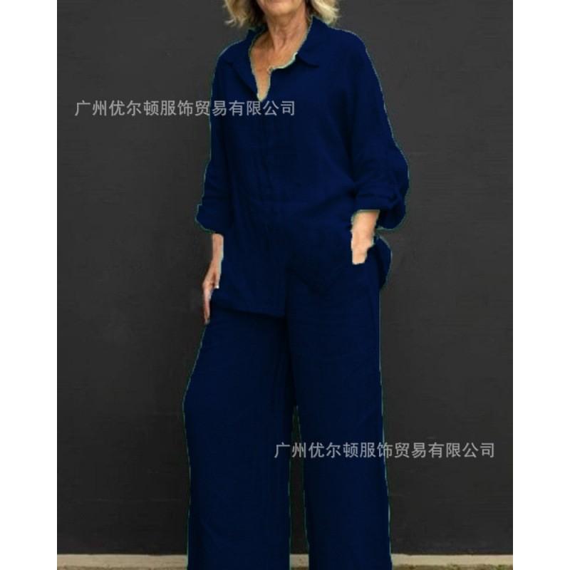 Damen Casual Langarm Knopfleiste Cardigan Hemd und Weite Hosen Set Lockerer Sitz Zweiteiliges Outfit Geeignet für den täglichen Gebrauch