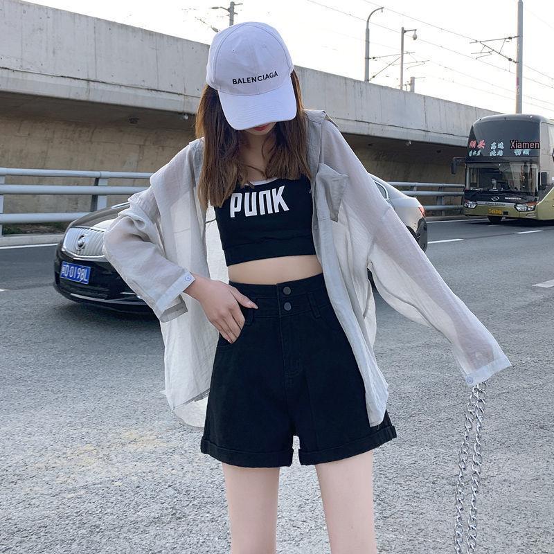 Women's Super High Waist Double Button Cuffed Denim Shorts - 2022 Spring/Summer, Slimming A-line Hot Pants, Trendy Style.
