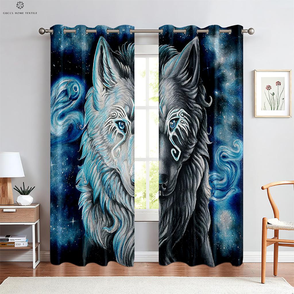 Animal Theme Decorative Curtains, Wolf, Starry Sky, Fantasy Pattern, Bedroom, Kitchen, Study, Living Room, Customized