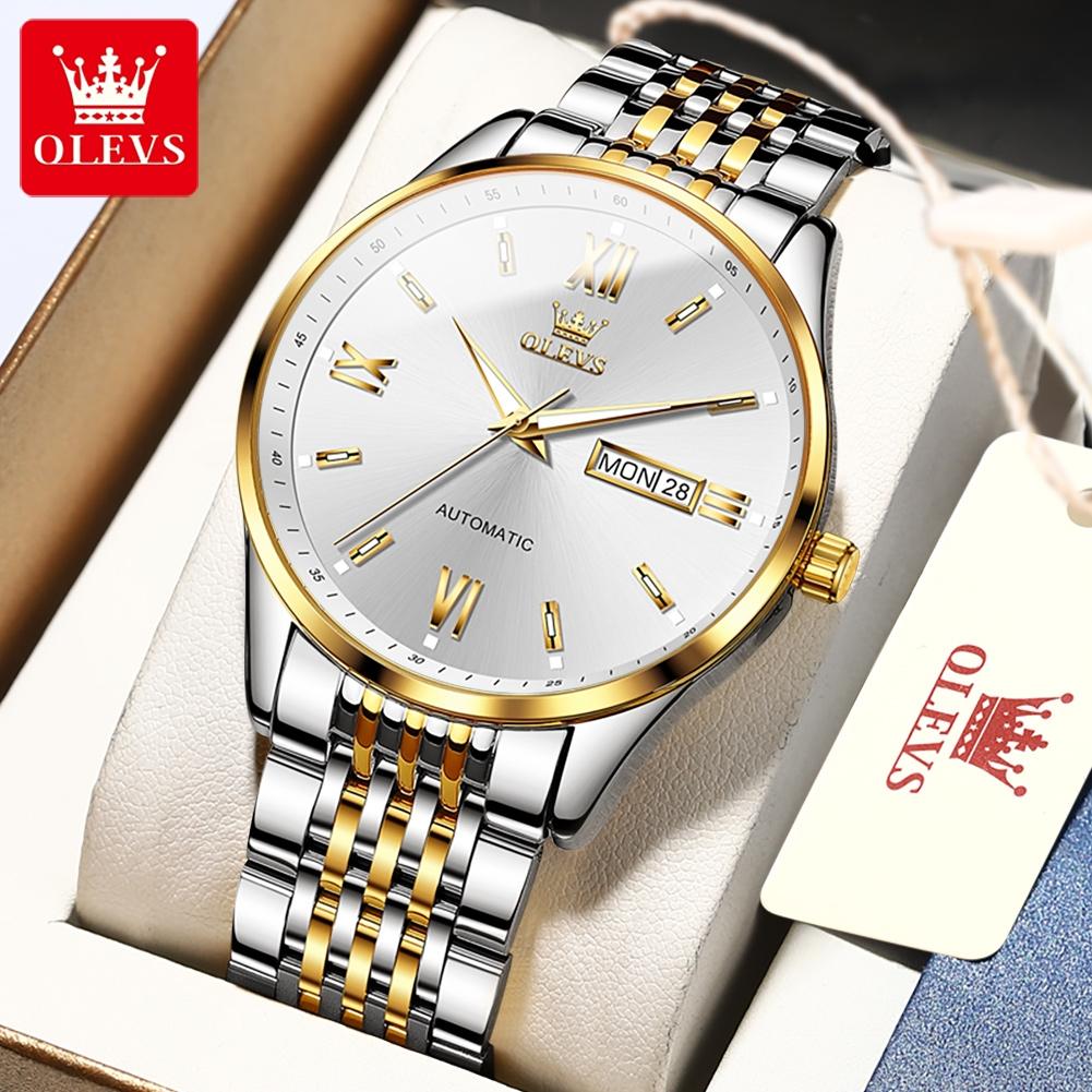 OLEVS Watches for Man Original Stainless Steel Dual Calendar Luminous Waterproof Business Automatic Mechanical Men's Watch 6777