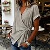 Women Tops V Neck Short Sleeve Pure Color Shirt with Side Tie Irregular Loose Fit Tee Shirt Summer Daily Wear