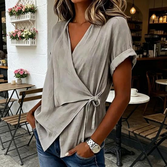 Women Tops V Neck Short Sleeve Pure Color Shirt with Side Tie Irregular Loose Fit Tee Shirt Summer Daily Wear