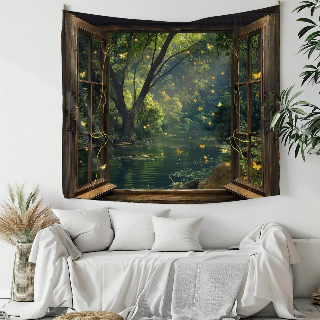 1 Stück magisches Glühwürmchen-Wandteppich, Fenster Fluss Wald 2D-Druck Dekor, Polyester-Material, Ganzjährig für Schlafzimmer & Wohnzimmer Wand