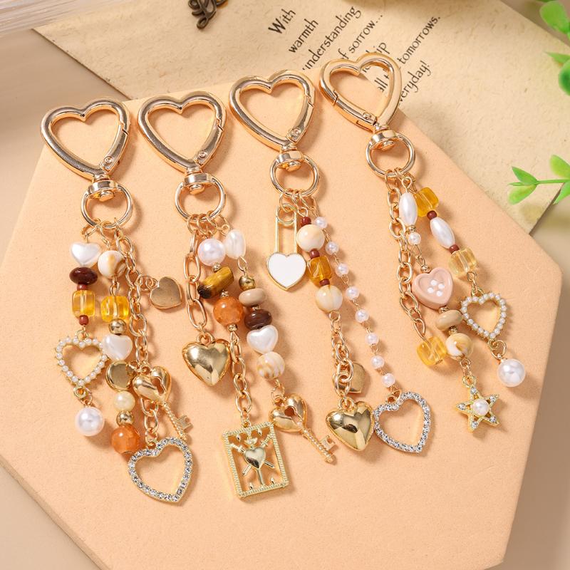 New Handmade Beaded Pearl Keychain Shell Love Heart Key Ring Pendants For Women Girls Handbag Decor Diy Key Chain Jewelry Gift