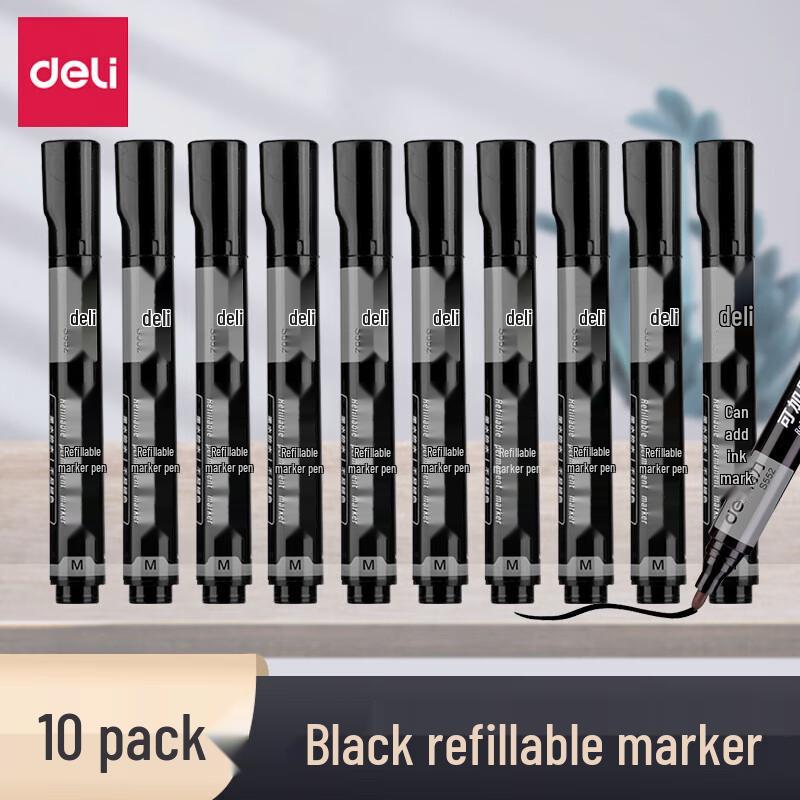 Deli S552 Refillable Oil-Based Marker Pens, 10-Pack Black