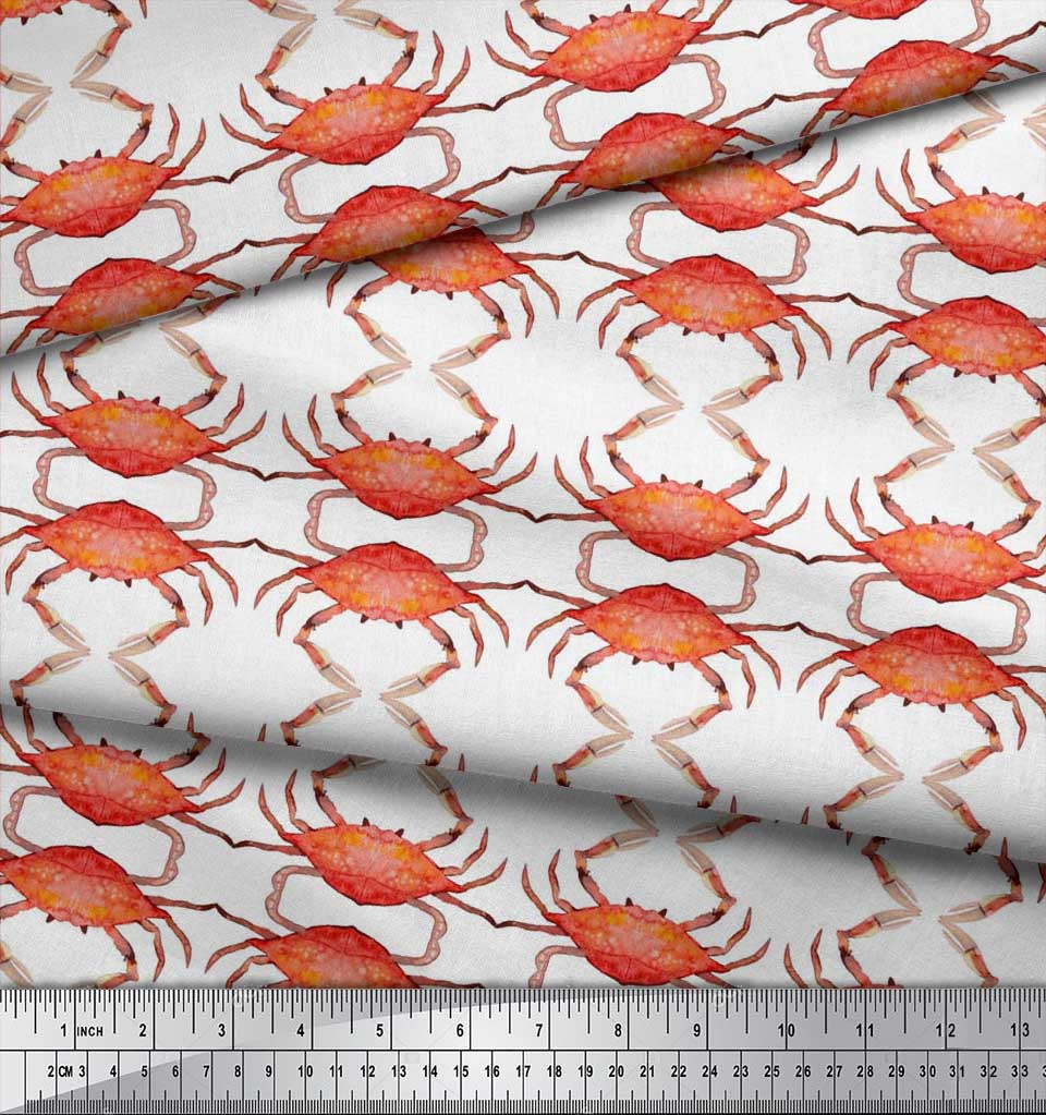 Soimoi Beige Japan Crepe Satin Fabric Crabs Ocean Print Fabric by the metre 42 Inch