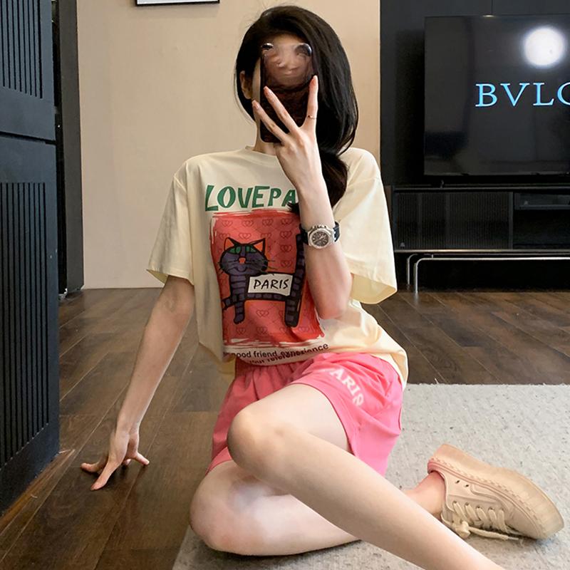 Academic style Casual sports suits for women summer Korean cartoon print loose short-sleeved t shirt and shorts y2k Running two-piece set young girl