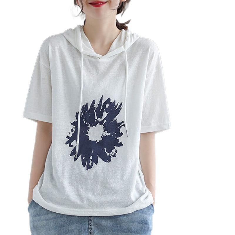 Fashion Cotton Printed Short Sleeve Hoodie Women Oversize Hooded Sweatshirt