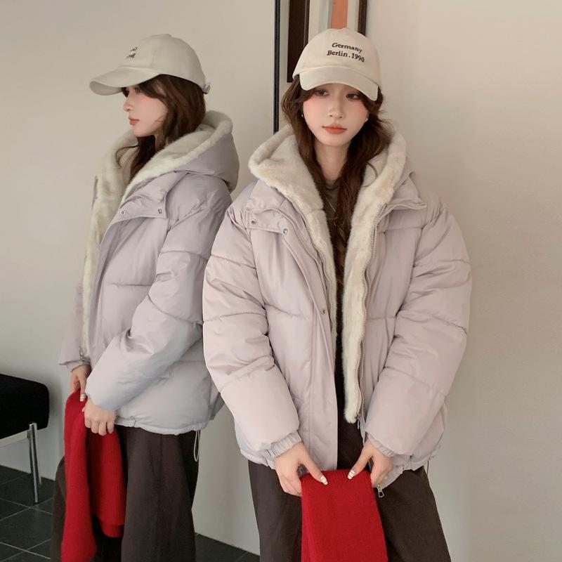 Stand-up collar women's cotton-padded jacket solid color loose velvet thickened hooded trendy fashion student women's bread cotton-padded jacket