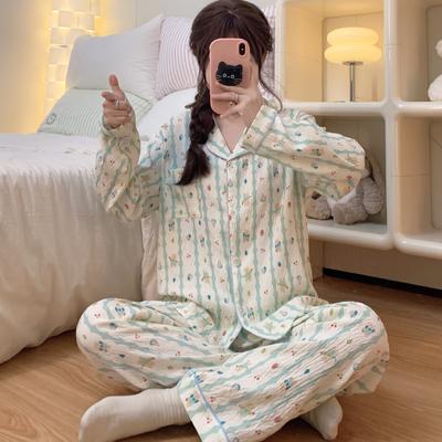 Nalle Björn Randigt Tryck Pyjamas Set för Kvinnor Höst Vinter Casual Mjuk Tvådelad Nattkläder Mode Pyjamas