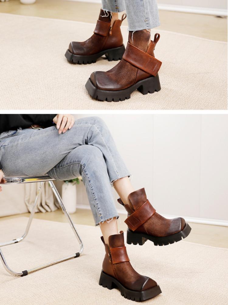 Johnature Genuine Leather Square Toe Short Boots Retro Thick Sole Thick Heels Women's Shoes