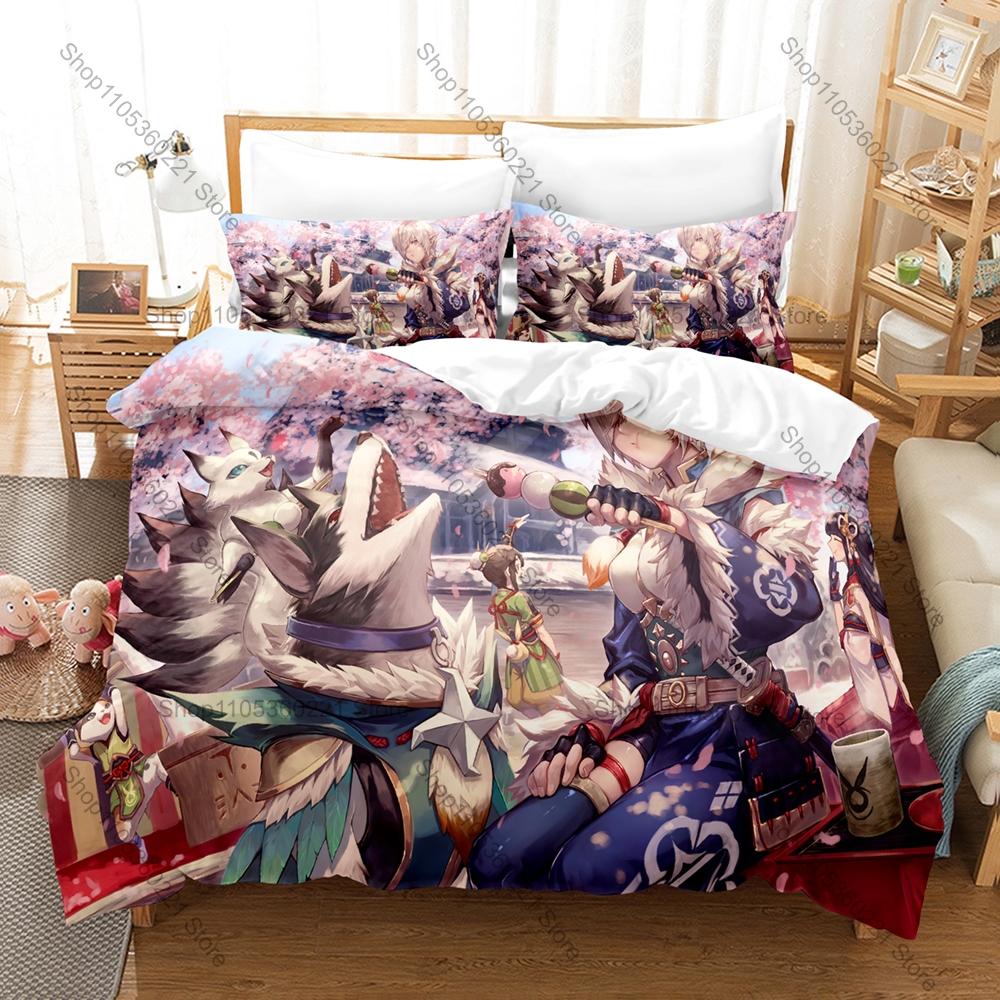Monster Hunter Rise Merch 3-delat Sängkläder Påslakan Med 2 Örngott Tvättbar Dragkedja Spel Sängöverkast